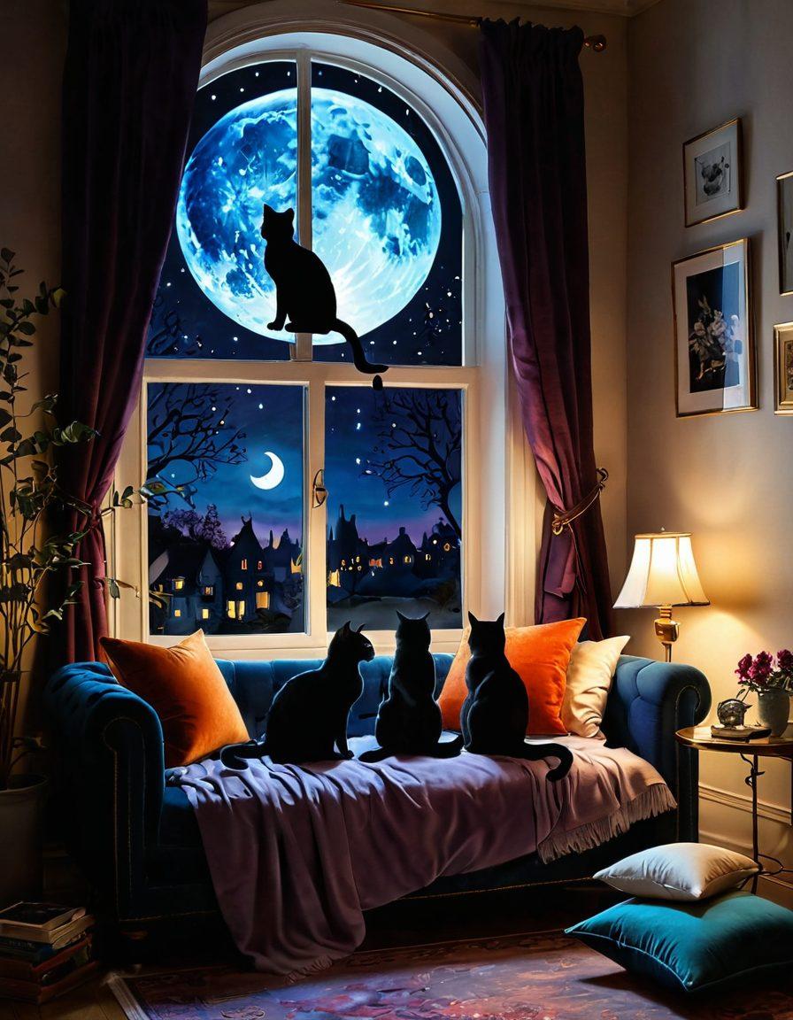 A whimsical scene depicting an enchanting, moonlit room filled with playful, elegant cats intertwined with alluring, seductive elements like velvet cushions, soft fabrics, and playful shadows. Include hints of mysterious magic with sparkles in the air and silhouettes of playful interaction. The atmosphere is both enticing and inviting, capturing the essence of sensuality and fantasy. super-realistic. vibrant colors. cozy ambiance.