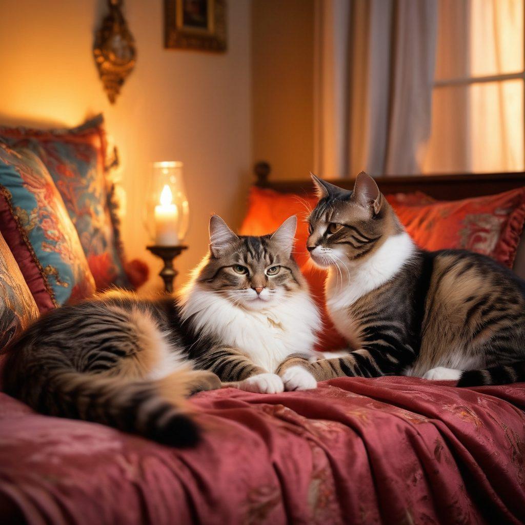 A whimsical scene depicting playful cats in a cozy, dimly lit room, surrounded by luxurious fabrics and soft pillows. One cat whispers sweet nothings to another, while another duo plays a flirty game with a feather toy. The ambiance should feel romantic with soft candlelight casting warm shadows, highlighting the cats' expressions. This enchanting tableau embodies both romance and playfulness in a feline fantasy. vibrant colors. cozy atmosphere. fantasy art.